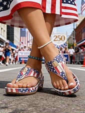  dame rødblå USA 250-årsjubileumsflaggtrykk kileformede flip-flop-sandaler, patriotiske komfortable sommerslippers til uavhengighetsdagen og høytidsfester &fritidsklær