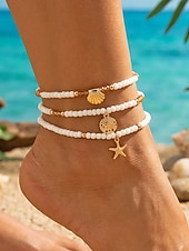 cheap Vacation Accessories-Women's Boho Elastic Beaded Anklet Set, Alloy Beads, Stretchable, Multi-Color, Trendy Summer Foot Jewelry, Perfect for Vacation, Travel and Daily Casual Wear