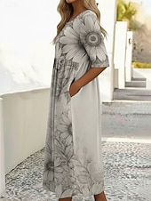  女性用 ミディドレス カジュアルドレス プリントドレス ファッション アウトドア バケーション お出かけ ルーズフィット フラワー グラフィック ハーフスリーブ クルーネック ライトイエロー ライトピンク ライトグリーン グレー 夏 春