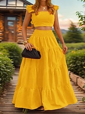 abordables Conjuntos de dos piezas-Mujer conjuntos de falda Sin Mangas Escote Cuadrado Plano Frunce Elegante Moda Ropa de calle Casual Diario Exterior Negro Blanco Amarillo Verano Ajuste regular