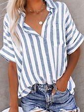 economico Camicie-Per donna Camicie effetto lino Blusa Camicia in finto lino Bottoni Stampato A righe Elegante Casual Mezza Manica Colletto a Camicia Top Regolari Quotidiano Blu Nero Giallo Rosa Verde Estate Primavera