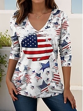  día de la independencia americana Mujer Camiseta Estampado Graphic Bandera estadounidense Vintage Elegante Clásico Manga Larga Escote en Pico Tops regulares Diario Fin de semana Negro Blanco Rojo