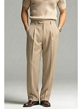 economico Giacche e Completi uomo-Pantaloni eleganti da uomo in lino, plissettati, vestibilità comoda – pantaloni estivi leggeri e casual, gamba larga e dritta, disponibili in marrone, blu navy e beige.