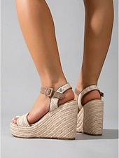 abordables Invitado a la boda-Sandalias de cuña beige para mujer: zapatos de dama de honor cómodos para bodas en la playa, ceremonias de verano al aire libre, tacones elegantes para invitadas de boda.