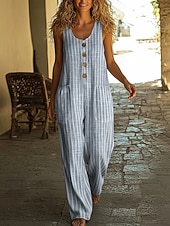 billige ferie jumpsuit-Dame Kjeledresser Aktiv Stripet Ermeløs Ermeløs Bred Bukseben U-hals Lomme Knapper Daglig Feriereise Løstsittende Blå Militærgrønn Navyblå Sommer