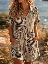 economico Vestiti-Per donna Mini Abito Finto cotone e lino Abito Camicia Vestito a caftano Vestito Casual Moda Moderno Quotidiano Spiaggia Weekend Vestibilità regolare Geometrico Manica Corta Colletto a Camicia Cachi