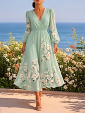 cheap Floral Dress-Women's Midi Dress Pleated Dress Work Dresses Fit And Flare Dress Birthday Casual Formal Office Date Regular Fit Floral Graphic Long Sleeve V Neck Light Green Summer Spring