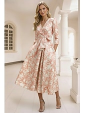 abordables Vestidos de cóctel-Corte A Vestido Midi Vestido formal Vestidos de coctel Elegante Manga 3/4 Escote en Pico Boda Formal Jacquard con Lazo(s) Plisado