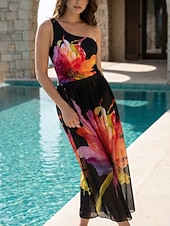 baratos Fatos de Banho 1 Peça-Mulheres Roupa de Banho 2 partes Monoquíni Saia roupa de banho Compressão abdominal Cintura Alta Delgado Frente Única Férias Roupa de Praia Floral Pescoço Assimétrico Sem Manga Fatos de banho