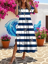 voordelige Gestreepte &amp; Geometrische Jurken-Dames Halflange jurk A lijn jurk Vakantie Casual Strandstijl Dagelijks Strand Feestdagen Ruim Passend Geometrisch Gestreept Korte mouw V-hals blauw Rood Groen Zomer Lente