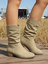 billige Cowboy og vestlige støvler-khaki westernstøvletter i semsket skinn til dame – vintage broderte cowboystøvletter med kraftig hæl til musikkfestivaler og Coachella-antrekk &amp;countrykonserter