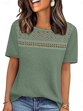 abordables Plain tee-Women's Eyelet Top T Shirt Tee Top Solid Color Fashion Classic Casual Short Sleeve Crew Neck Regular Tops Daily Going out Weekend Black Red Navy Blue Khaki Summer Spring