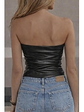 Недорогие Простой бак-Жен. Облегающий топ Топ из искусственной кожи Рюши Открытая спина Сплошной цвет Винтаж Стиль горячий Без рукавов Бандо Обычные топы Повседневные На выход