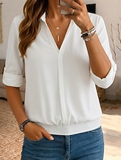 preiswerte Einfache Blusen-Damen Popover-Hemd Freizeithemd Bluse Einfarbig Elegant Vintage Mode Langarm Umlegekragen V Ausschnitt Normale Oberteile Täglich Ferien Blau Weiß Rosa Grau Sommer Frühling