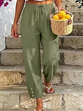 Χαμηλού Κόστους Κάτω-Γυναικεία Βαμβακερό λινό παντελόνι Καλοκαίρι παντελόνι Παντελόνια με κοψίματα Παντελόνι παραλίας Απλός Καθημερινό Ανατομικό Μέχρι τον αστράγαλο Μεσαία Μέση Μονόχρωμες Τσέπη Ελαστική μέση Αναπνέει