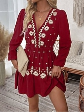 preiswerte Lässige Blumenkleider-Damen Minikleid Boho-Kleid Freizeitkleid Elegant Mode Modern Outdoor Urlaub Ausgehen Normale Passform Blumen Langarm V Ausschnitt Schwarz Wein Rote Grün Sommer Frühling