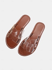 billiga Kvinnor-Färgglada gula strandtofflor för kvinnor - eleganta platta sandaler i genomskinlig PVC med H-remmar för tropiska semestrar och öresor &amp;sommarkläder vid poolen