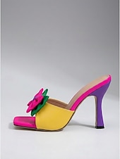 abordables Femmes-Mules à nœud papillon colorées pour femmes - rose fluo éclatant &amp;Sandales jaunes à talons hauts et bout carré pour les dîners en hôtel et les vacances tropicales. &amp;soirées