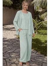 baratos Terninhos de calça da mamãe-Terninho Traje de 3 peças Longo Vestido Para Mãe dos Noivos Sem Manga Scoop pescoço Elegante Convidado do casamento Chiffon Renda Embrulho incluido com Lantejoulas