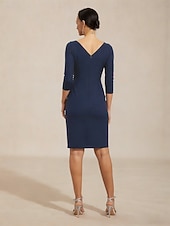 abordables Robe de cocktail-Femmes Mini Robe Robe fourreau Robe Portefeuille Élégant robe demoiselle d honneur Cocktail Froncé Embelli Coupe régulière Couleur Unie Manche 3/4 Col en V bleu marine