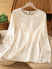 abordables Blusas Elegantes-Women's Shirt Blouse Eyelet top Hollow Out Plain Stylish Classic Modern Long Sleeve Crew Neck Regular Tops Daily Holiday Going out Apricot Summer Spring