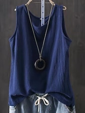 economico Camicie Finte Essenziali-Per donna Finto cotone e lino Semplice Moda Elegante Classico Senza Maniche Manica Corta Girocollo Top Regolari Quotidiano Uscire Weekend Blu Nero Bianco Giallo Rosa Estate Primavera