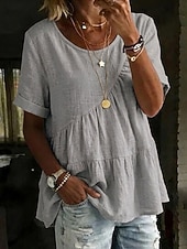 お買い得  エッセンシャルフェイクシャツ-女性用 Tシャツ フェイクリネンシャツ ティートップ フリル 平織り ファッション スタイリッシュ クラシック 半袖 クルーネック レギュラートップス 日常 お出かけ 週末 ブルー ブラック ホワイト イエロー ピンク 夏 春
