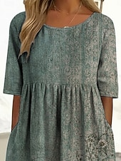  女性用 ミディドレス カジュアルドレス プリントドレス ヴィンテージ アウトドア バケーション お出かけ ルーズフィット フラワー グラフィック ハーフスリーブ クルーネック ブルー イエロー パープル グリーン 夏 春