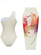 baratos Fatos de Banho 1 Peça-Mulheres Roupa de Banho 2 partes Monoquíni Saia roupa de banho Compressão abdominal Cintura Alta Delgado Frente Única Férias Roupa de Praia Floral Pescoço Assimétrico Sem Manga Fatos de banho