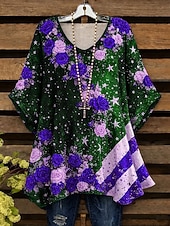  Ημέρα Αμερικανικής Ανεξαρτησίας Γυναικεία Πουκάμισο Μπλούζα Στάμπα Φλοράλ Γραφική Σημαία Βίντατζ Καθημερινά Στυλάτο Μακρυμάνικο Στρογγυλή Ψηλή Λαιμόκοψη Λαιμόκοψη V Μακριές μπλούζες Καθημερινά Εξόδου