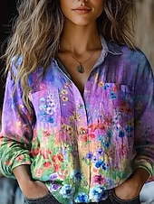abordables Blusas Florales-Mujer Camisa camisa boho Botones Estampado Floral Graphic Vintage Elegante Étnico Manga Larga Cuello Camisero Tops largos Diario Festivos Noche Azul Piscina Púrpula Claro Verano Primavera Otoño