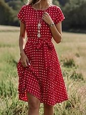 economico Abiti casual floreali-Per donna Abito Midi Vestito Casual Vestito in Chiffon Abito a trapezio Abito Floreale Elegante Vintage Moda All'aperto Vacanza Uscire Vestibilità regolare A Pois Manica Corta Scollo a V Blu Nero