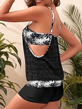 cheap Tankinis-Women's Swimwear Tankini 2 Piece Swimsuit Tummy Control High Waist Cut Out Slim Backless Vacation Beach Wear Floral Scoop Neck Sleeveless Bathing Suits