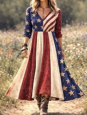  يوم الاستقلال الأمريكي نسائي فستان ميدي فستان مطوي حفلة كاجوال بوهو مواعدة عادي الرسم علم النجوم والمشارب كم طويل V رقبة أحمر الصيف الربيع