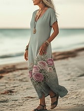  Dame Maxikjole Boho-kjole Uformell kjole Kjole med A-linje Print kjole Årgang utendørs Strand Feriereise Normal Blomstret Grafisk Kortermet V-hals Lys Rosa Gul Mørkegrønn Lilla Sommer Vår