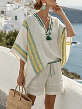 voordelige Blousepakken voor dames-Dames Shorts Sets 3/4 mouw V-hals Gestreept Vakantie Dagelijks Casual Dagelijks Buiten blauw Bruin Groen Zomer Normale pasvorm