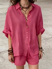 abordables Conjuntos-Mujer Conjunto con tacto de lino Conjuntos de lino y algodón Conjuntos de pantalones cortos Manga Corta Cuello Camisero Plano Moda Ropa de calle Casual Diario Exterior Negro Blanco Rosa Verano Holgado