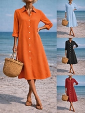 tanie Podstawowe sztuczne sukienki-Damskie Sukienka midi Sukienka koszulowa Codzienne sukienki Sukienka A line Sukienka z imitacji lnu Moda Podstawowy Nowoczesny Codzienny Urlop Wyjściowe Regularny Równina Długi rękaw Kołnierzyk