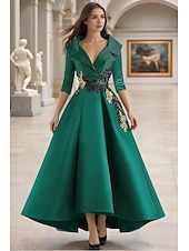 baratos Vestidos de Festa em A-Linha A Longo Vestido formal Vestidos de noite Elegante Manga Longa Decote V Carnaval Formal Bolsos Cetim com Miçangas Apliques