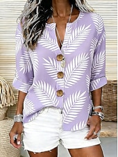 economico Bluse Floreali-Per donna Camicia Stampato Grafico Foglia Elegante Vintage Tropicale Mezza Manica Scollo a V Top Regolari Quotidiano Ferie Abbigliamento mare Blu Rosa Viola Verde Estate Primavera