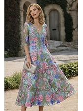 abordables Vestidos de cóctel-Corte A Vestido Midi Vestido de encaje Vestido formal Vestido de flores Vestidos de coctel Elegante Vintage Floral Manga Corta Escote en Pico Fiesta de jardin Boda Bolsillo Satén Encaje Espalda