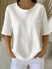 Недорогие Простая футболка-Жен. Вафельная рубашка Футболка Футболки Топы в вафельном вязании Сплошной цвет Классика Современное На каждый день С короткими рукавами Вырез под горло Обычные топы Повседневные Праздники На выход