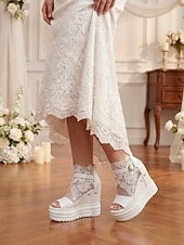 tanie Panna młoda-damskie białe koturny na platformie z odkrytymi palcami – stylowe buty ślubne na miejskie wesela