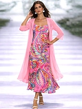 abordables Vestido Floral-Mujer Conjunto de vestido Vestido de una línea Elegante Vacaciones Floral Graphic Multi capa Estampado Vestido maxi Manga 3/4 Escote en Pico Diario Vacaciones Rosa Morado Verano Primavera Ajuste