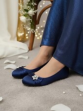 baratos Mãe da Noiva/Namorado-Sapatos de casamento para a mãe da noiva/do noivo, sapatilhas de cetim azul-marinho para mulheres, sapatos de casamento de salto baixo com detalhes em strass, sapatos de festa confortáveis.