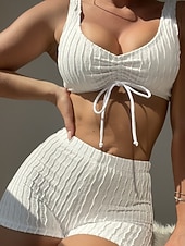 abordables Ensemble de bikinis-Femmes Maillots de Bain Bikini 2 pièces Shorts Maillot de bain Mince Dos nu Vacances Tenues de plage Couleur Unie Col en V Sans manches Maillots de bain
