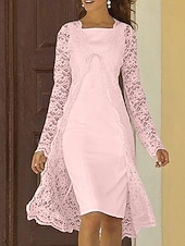 billige Mammas kjolesett-Todelt Linjeform Knelengde Gjestekjole til bryllup Kjole til brudens mor Ermeløs Firkantet hals Elegant Bryllupsgjest Bryllupsfest Kirke Chiffon Blonder Jakke kjoler med Ensfarget