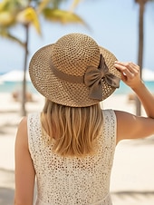 halpa Lomatarvikkeet-Naisten boheemi olkihattu rusetilla – useita värejä, kokoontaitettava helppoa kantamista varten, täydellinen arkeen ja rantalomalle