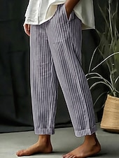 baratos Calças de Luxo-Mulheres Calças de linho de algodão Calça verão Calças de praia Clássico Casual Longas Cintura Alta Listra Bolsos Estampado Design de cordão elástico Respirabilidade Macio Micro-Elástica Férias Rua