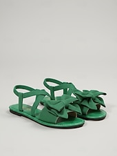 cheap Flat Sandals-Women's Green Strappy Sandals with Large Bow Detail, Comfortable Flat Sandals for St. Patrick's Day, Casual Wear, Spring Outings, Garden Parties and Holiday Celebrations